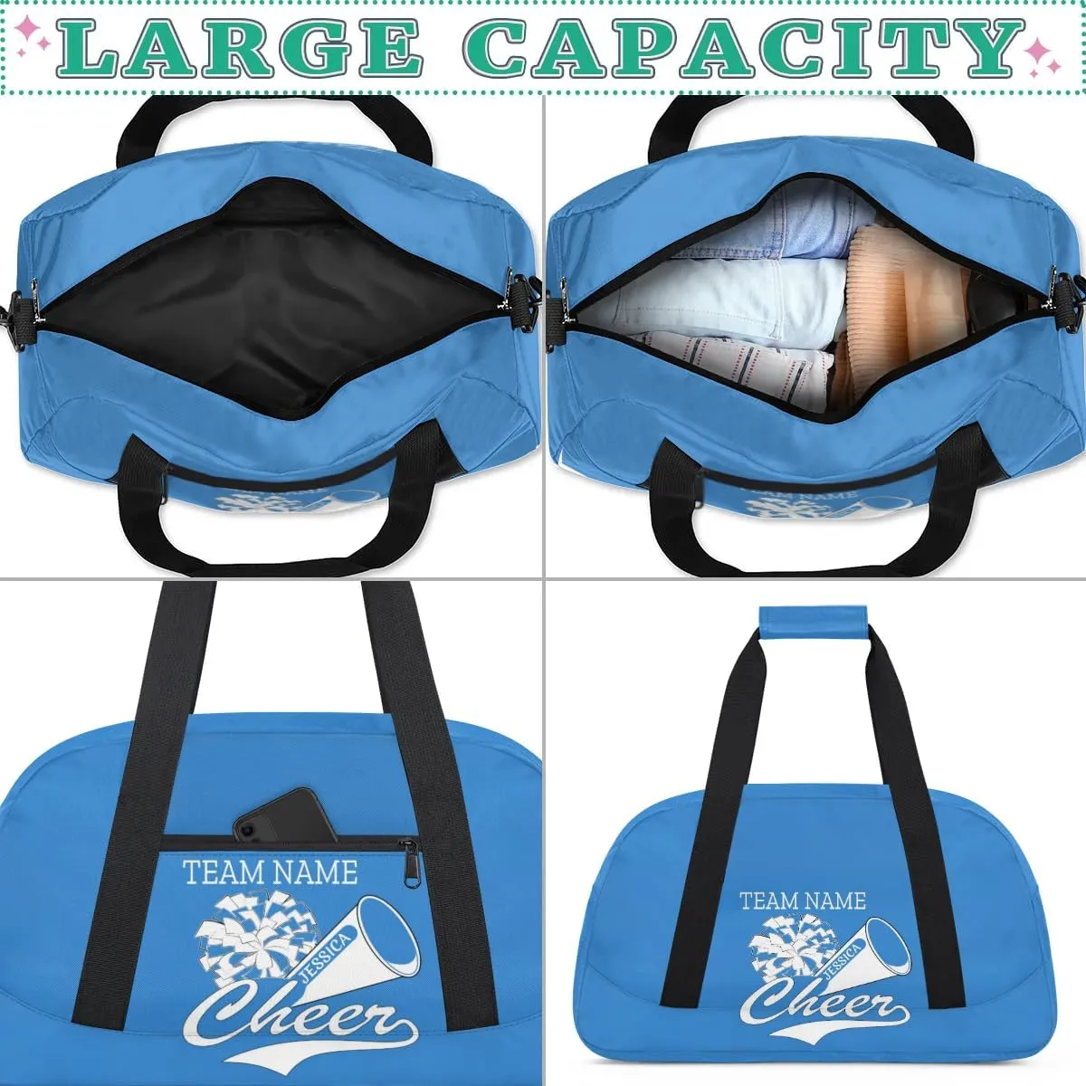 Personalised Name Cheer Cheerleader Bags, Custom Dancing Sports Duffle Bag Gym Cheerleading Bags Travel Duffel Perform Training Bag, Overnight Weekender Bags, Blue