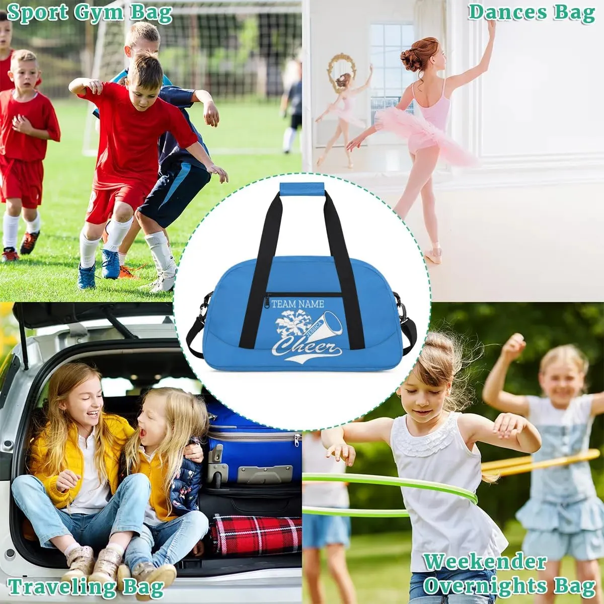 Personalised Name Cheer Cheerleader Bags, Custom Dancing Sports Duffle Bag Gym Cheerleading Bags Travel Duffel Perform Training Bag, Overnight Weekender Bags, Blue