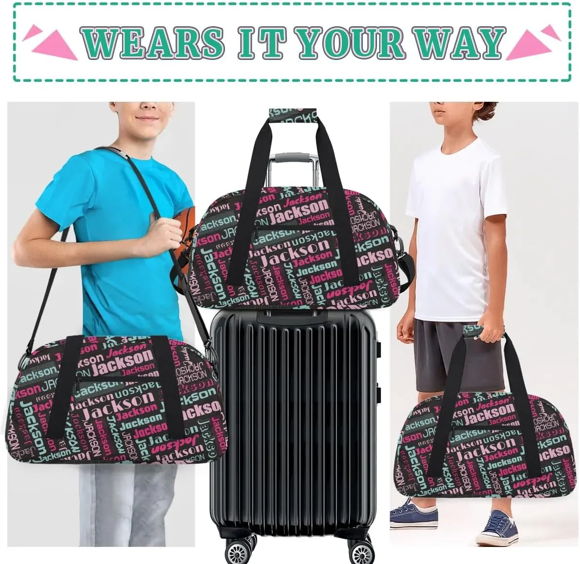 Personalized Name Gym Duffel Bags for Girls Kids Boys with Custom Sport Dance Perform Training Bags for Overnight Weekender Travel,Black