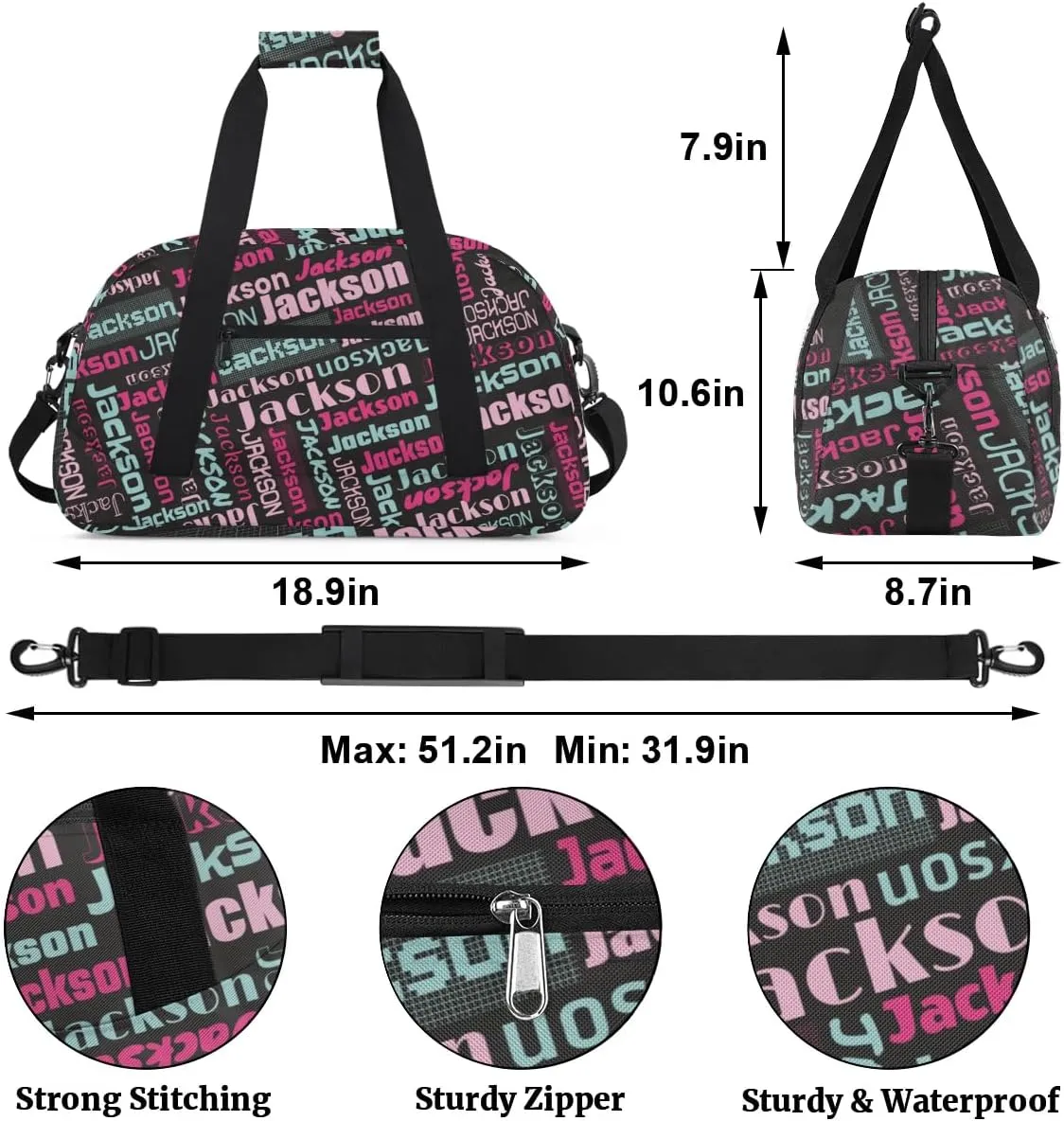 Personalized Name Gym Duffel Bags for Girls Kids Boys with Custom Sport Dance Perform Training Bags for Overnight Weekender Travel,Black