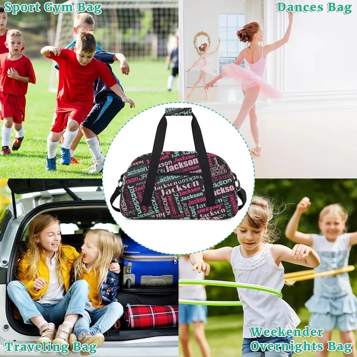 Personalized Name Gym Duffel Bags for Girls Kids Boys with Custom Sport Dance Perform Training Bags for Overnight Weekender Travel,Black