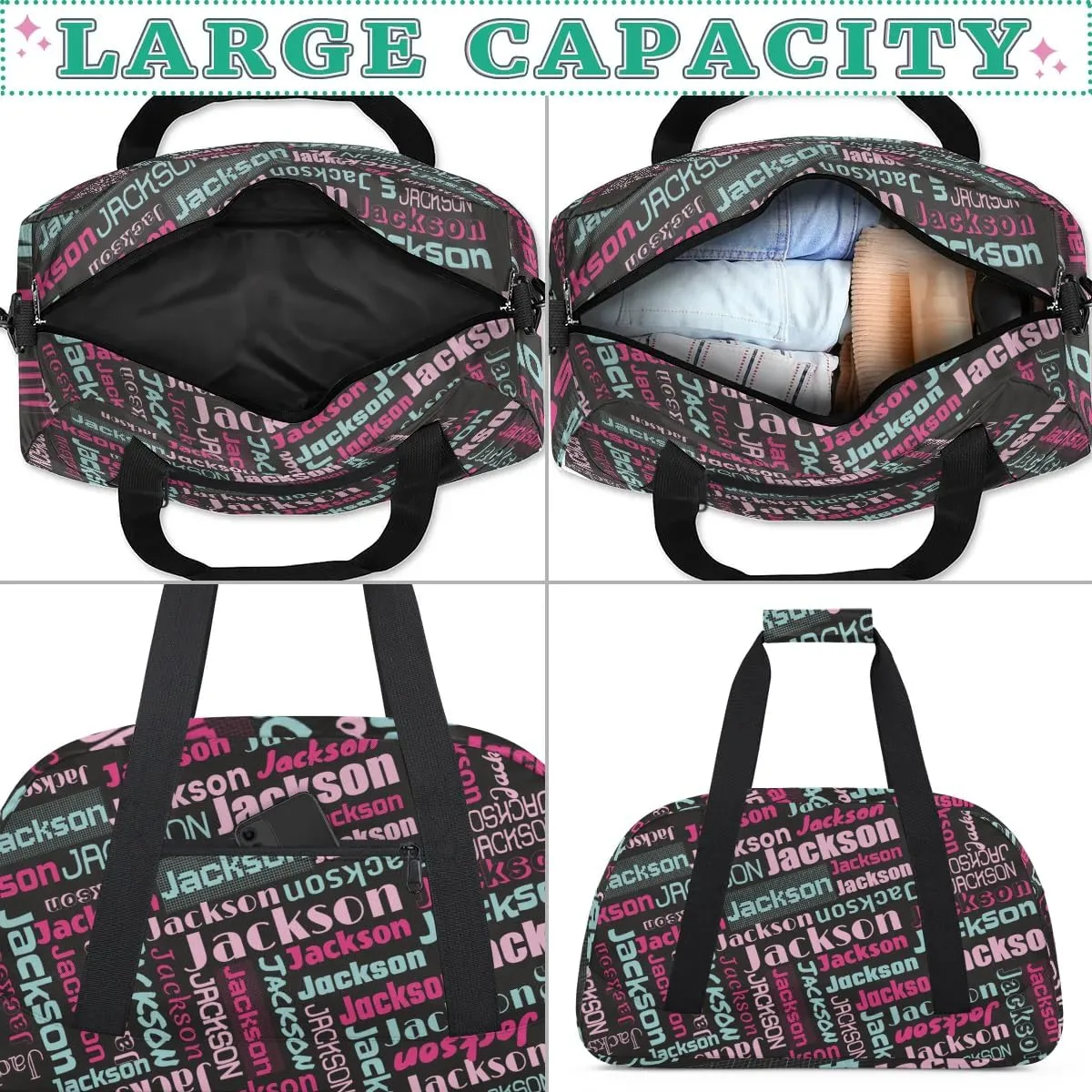 Personalized Name Gym Duffel Bags for Girls Kids Boys with Custom Sport Dance Perform Training Bags for Overnight Weekender Travel,Black