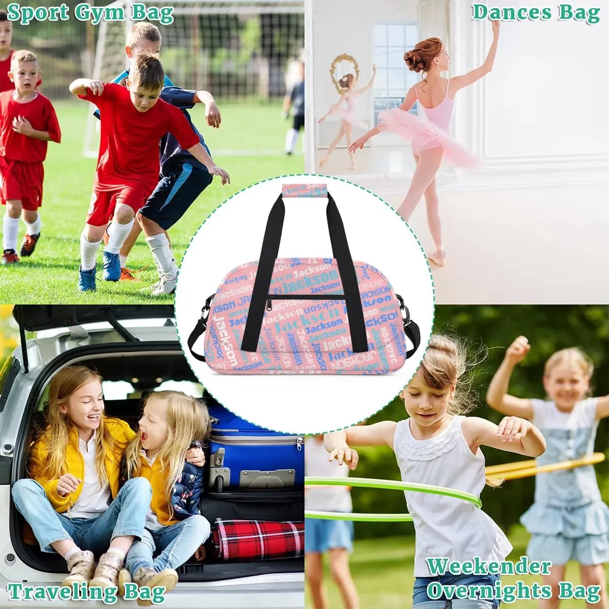 Personalized Name Gym Duffel Bags for Girls Kids Boys with Custom Sport Dance Perform Training Bags for Overnight Weekender Travel,Pink