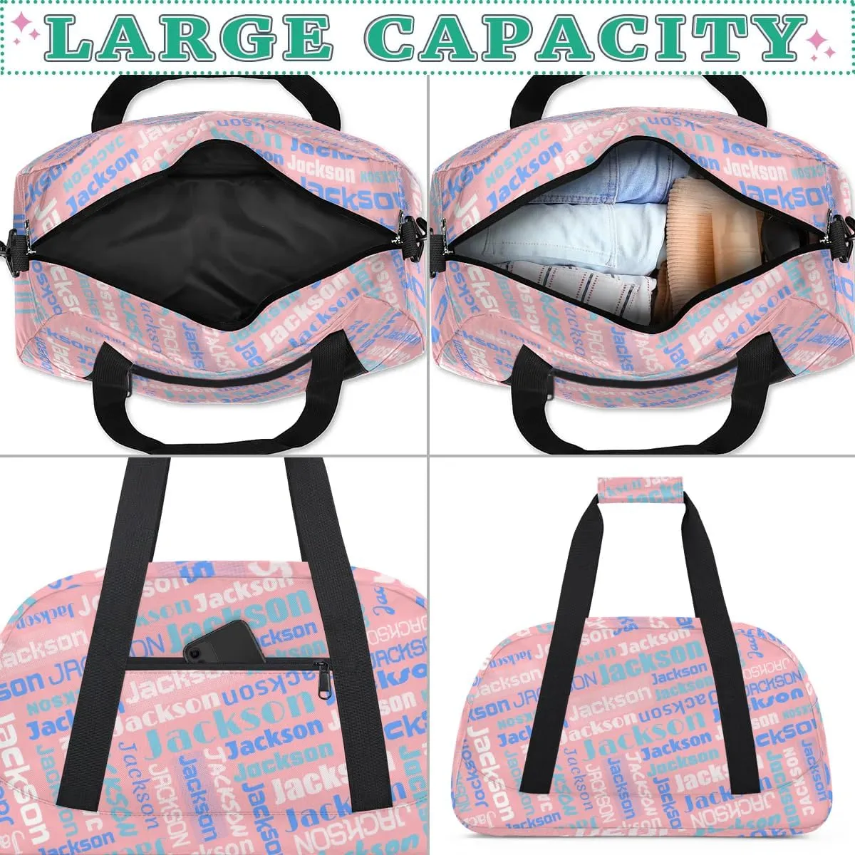 Personalized Name Gym Duffel Bags for Girls Kids Boys with Custom Sport Dance Perform Training Bags for Overnight Weekender Travel,Pink