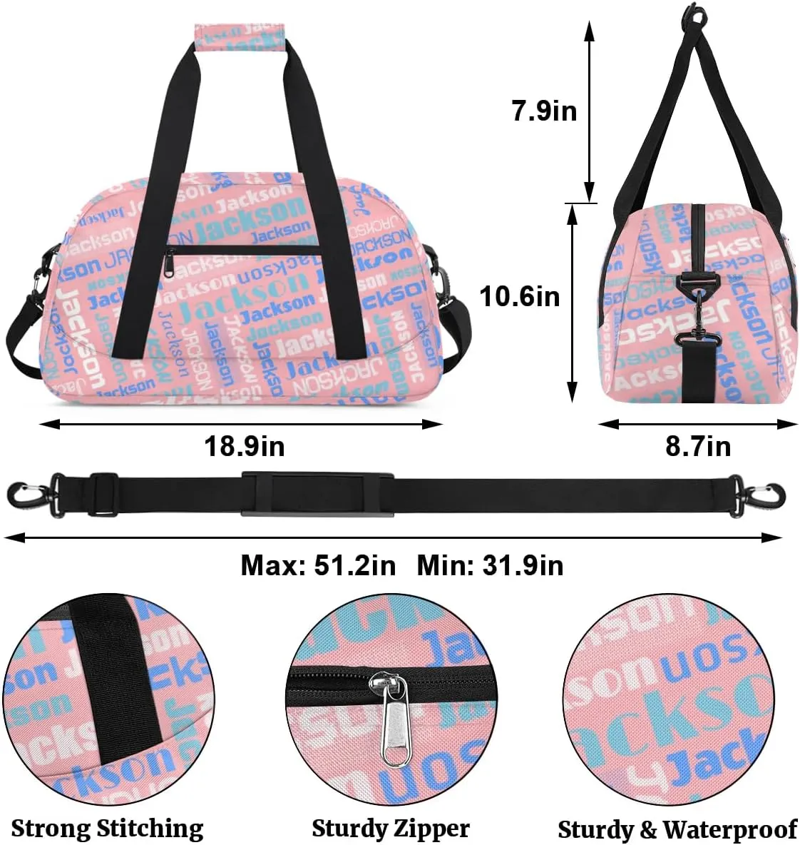 Personalized Name Gym Duffel Bags for Girls Kids Boys with Custom Sport Dance Perform Training Bags for Overnight Weekender Travel,Pink