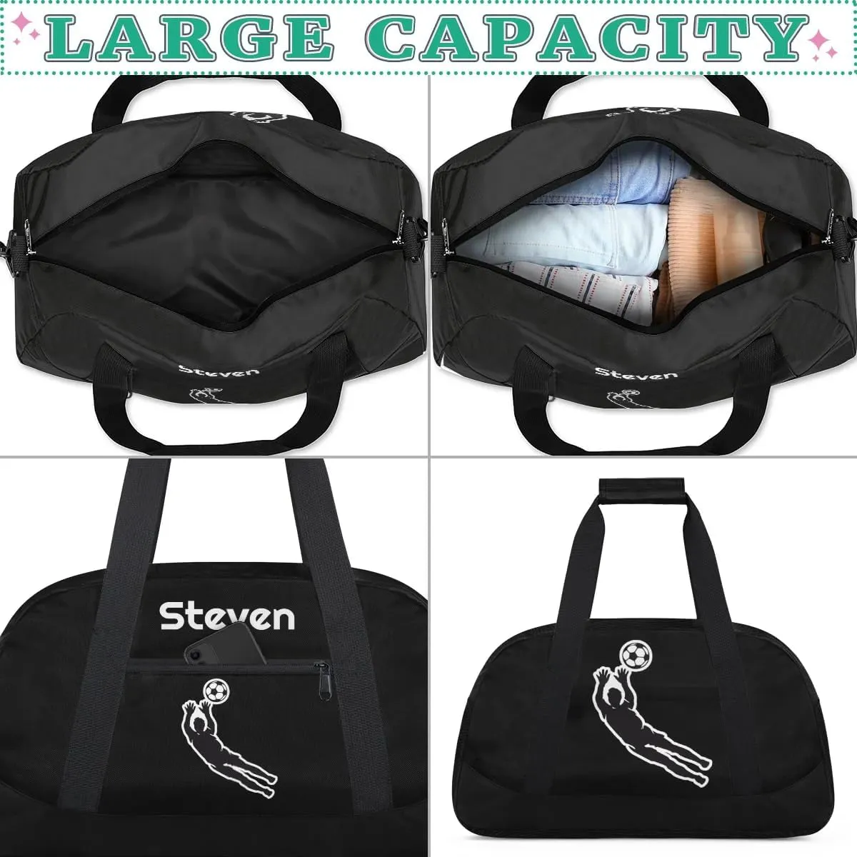 Personalized Soccer Gym Duffel Bags for Boys Kids Child Custom Name Sport Travel Bags Lightweight Weekenders Carry-On Overnight 3