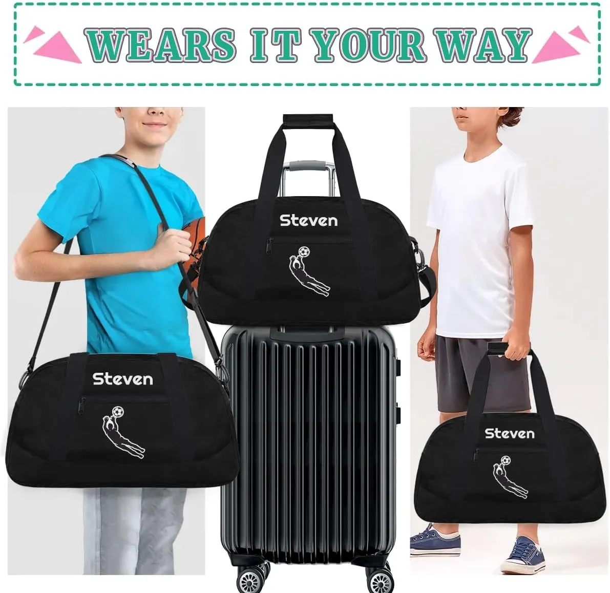 Personalized Soccer Gym Duffel Bags for Boys Kids Child Custom Name Sport Travel Bags Lightweight Weekenders Carry-On Overnight 3
