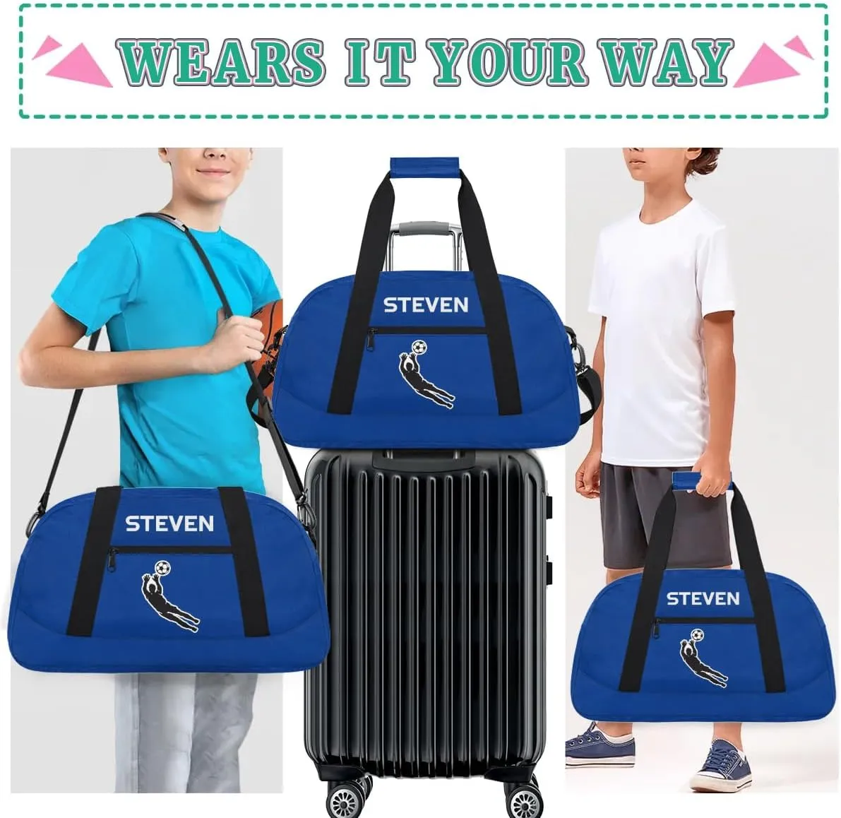 Personalized Soccer Gym Duffel Bags for Boys Kids Child Custom Name Sport Travel Bags Lightweight Weekenders Carry-On Overnight