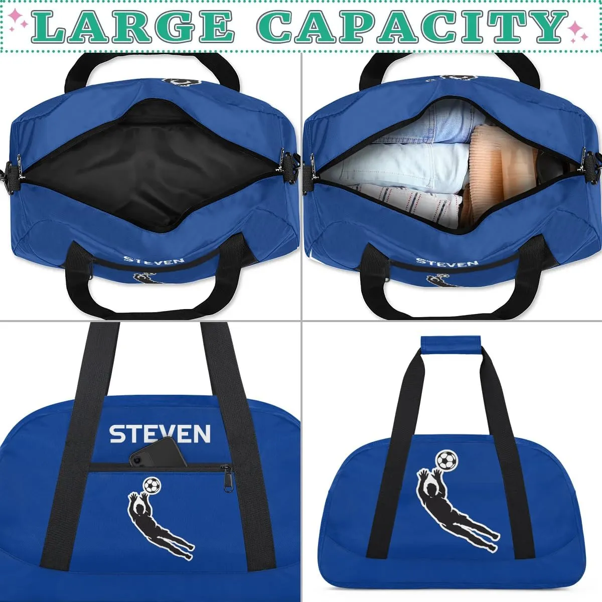 Personalized Soccer Gym Duffel Bags for Boys Kids Child Custom Name Sport Travel Bags Lightweight Weekenders Carry-On Overnight