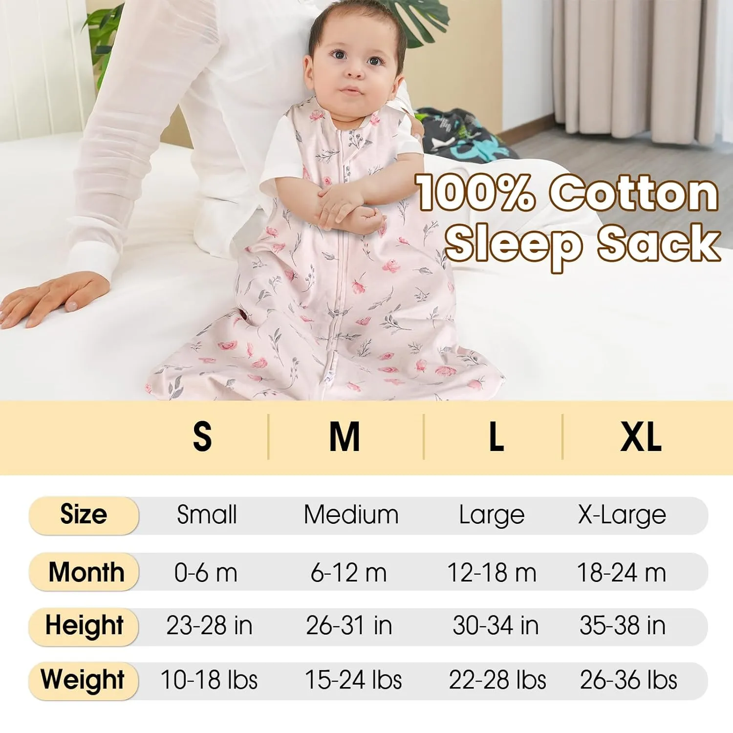 PHF 100% Cotton Baby Sleep Sack, 12-18 Months Wearable Baby Blanket, 2-Way Zipper Toddler Sleeping Sack for Baby Girls, 2 Pack Comfy Large Size Sleeveless Sleeping Bags, Pink Floral