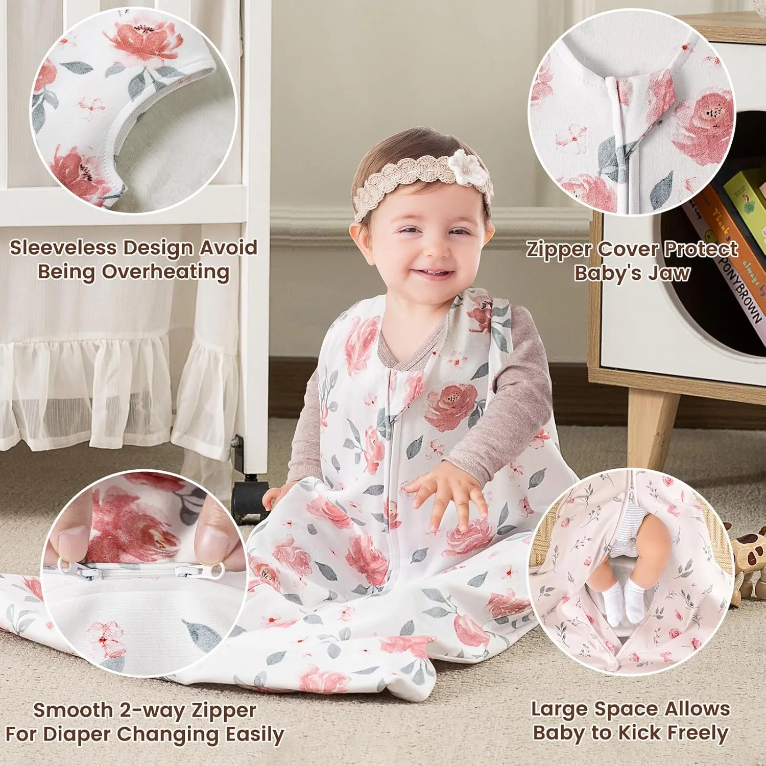 PHF 100% Cotton Baby Sleep Sack, 12-18 Months Wearable Baby Blanket, 2-Way Zipper Toddler Sleeping Sack for Baby Girls, 2 Pack Comfy Large Size Sleeveless Sleeping Bags, Pink Floral
