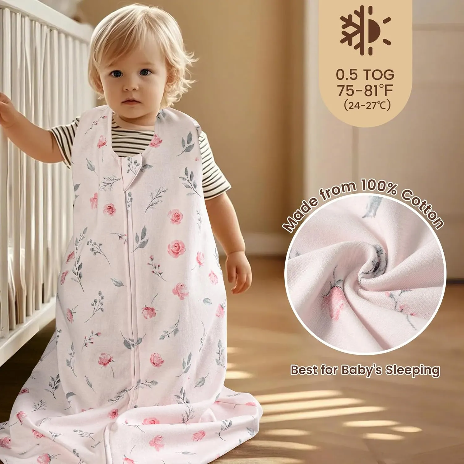 PHF 100% Cotton Baby Sleep Sack, 12-18 Months Wearable Baby Blanket, 2-Way Zipper Toddler Sleeping Sack for Baby Girls, 2 Pack Comfy Large Size Sleeveless Sleeping Bags, Pink Floral