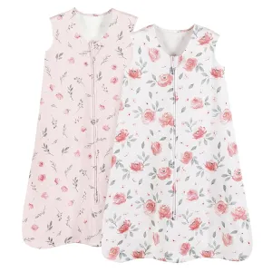 PHF 100% Cotton Baby Sleep Sack, 12-18 Months Wearable Baby Blanket, 2-Way Zipper Toddler Sleeping Sack for Baby Girls, 2 Pack Comfy Large Size Sleeveless Sleeping Bags, Pink Floral