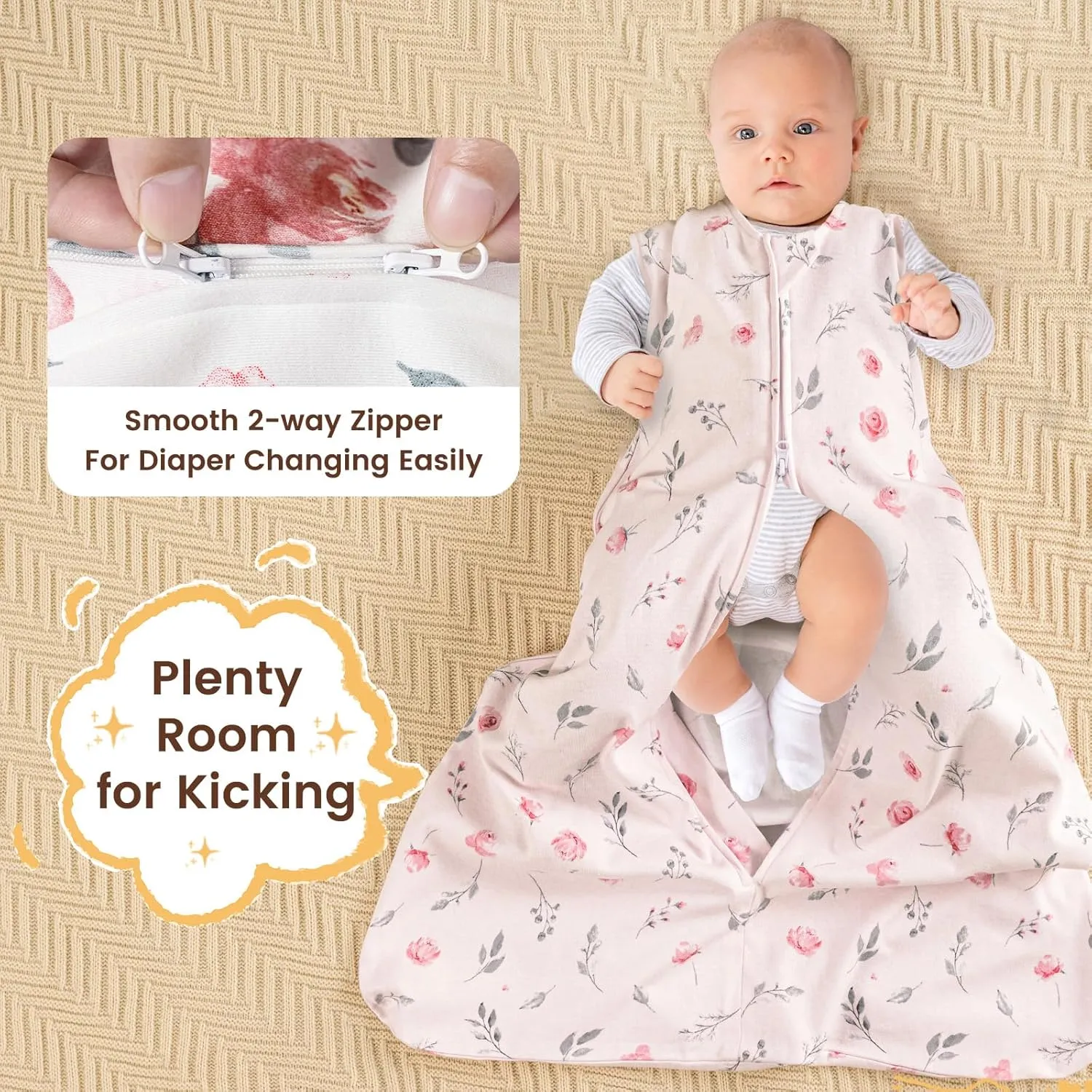 PHF 100% Cotton Baby Sleep Sack, 12-18 Months Wearable Baby Blanket, 2-Way Zipper Toddler Sleeping Sack for Baby Girls, 2 Pack Comfy Large Size Sleeveless Sleeping Bags, Pink Floral