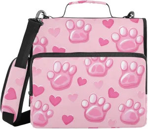 Pink Cat Paws Prints Heart Zipper Binder with Shoulder Strap Trapper Keeper 3 Ring Binder Organizer Large Capacity Multiple Compartments for School Office