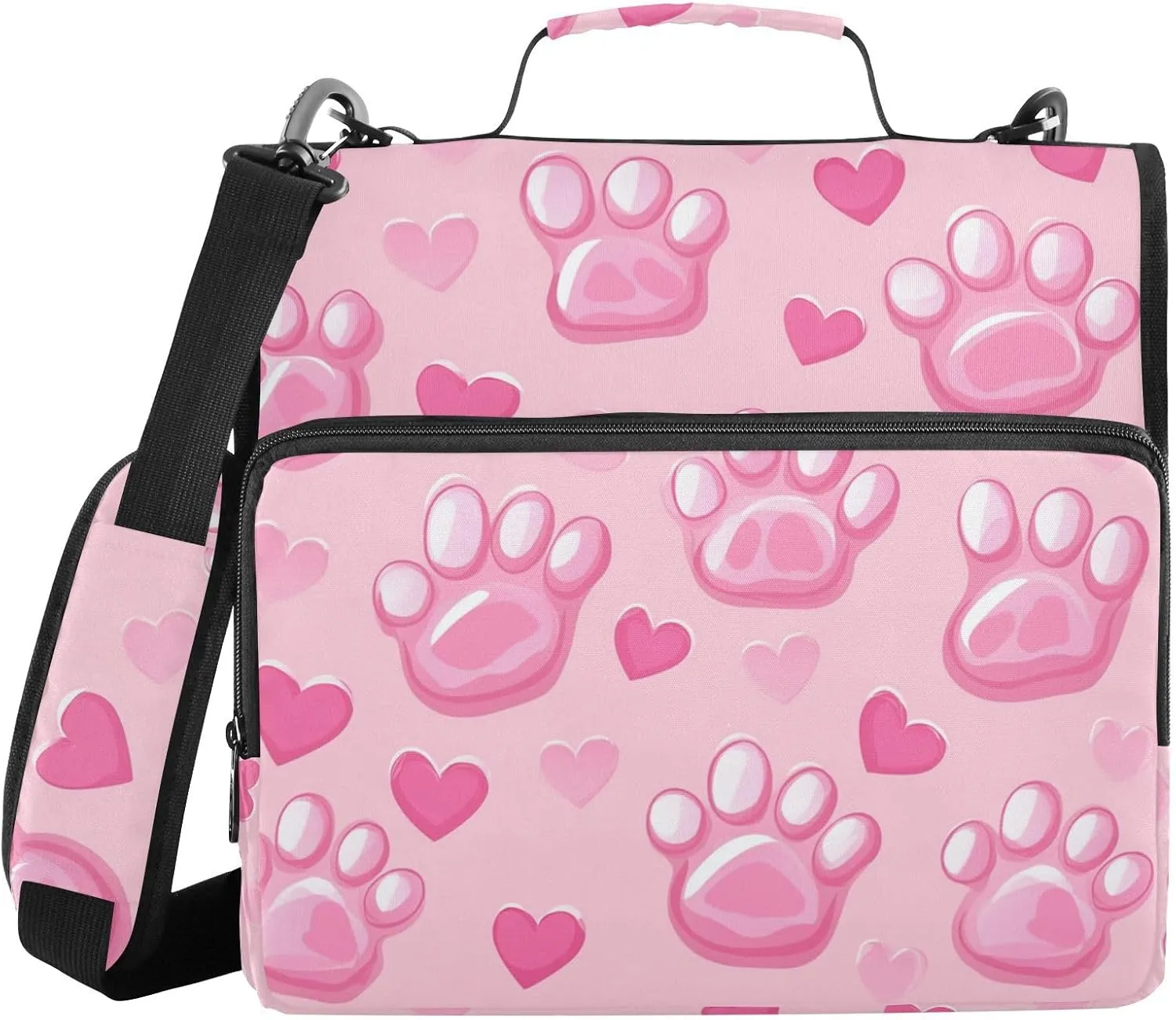 Pink Cat Paws Prints Heart Zipper Binder with Shoulder Strap Trapper Keeper 3 Ring Binder Organizer Large Capacity Multiple Compartments for School Office
