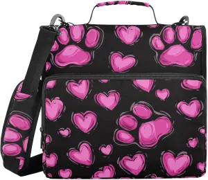 Pink Cat Paws Prints Hearts Zipper Binder with Shoulder Strap Trapper Keeper 3 Ring Binder Organizer Large Capacity Multiple Compartments for School Office