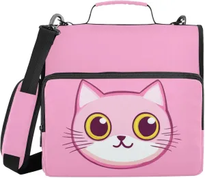 Pink Cats Face Pink Zipper Binder with Shoulder Strap Trapper Keeper 3 Ring Binder Organizer Large Capacity Multiple Compartments for School Office