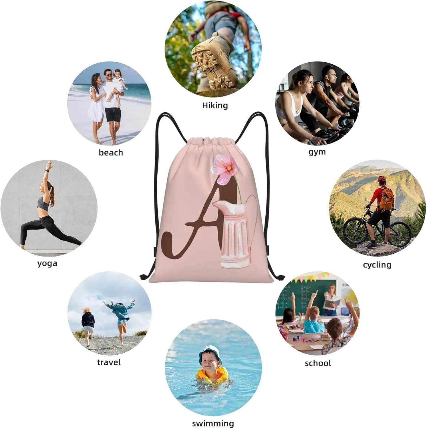 Pink Drawstring Bag for Women Girls Kids Teens Students Floral Initial Drawstring Backpack Sackpack Draw String Cinch Bags for Sports, Gym, Travel, Swimming, Beach, Camping, Letter A