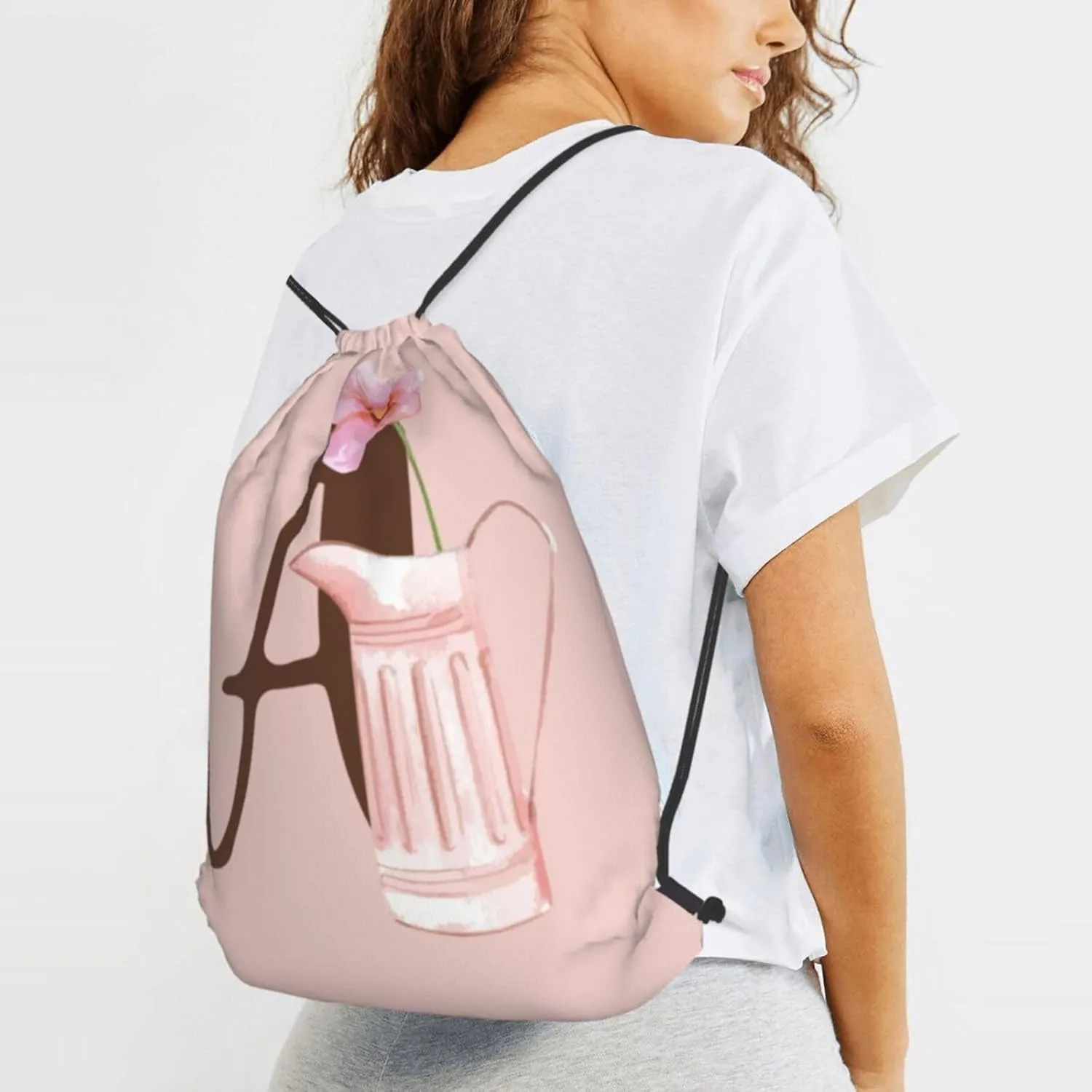 Pink Drawstring Bag for Women Girls Kids Teens Students Floral Initial Drawstring Backpack Sackpack Draw String Cinch Bags for Sports, Gym, Travel, Swimming, Beach, Camping, Letter A