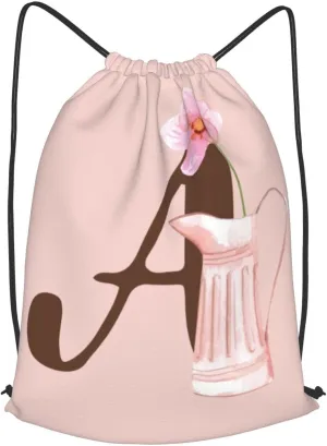 Pink Drawstring Bag for Women Girls Kids Teens Students Floral Initial Drawstring Backpack Sackpack Draw String Cinch Bags for Sports, Gym, Travel, Swimming, Beach, Camping, Letter A