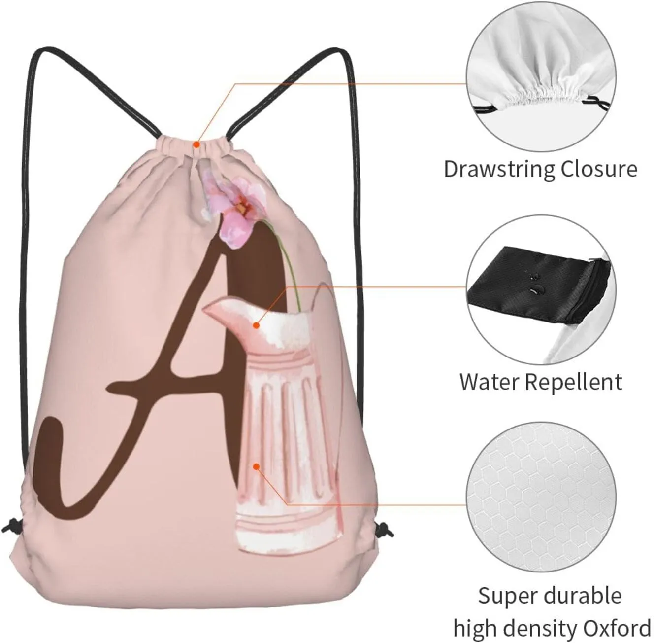 Pink Drawstring Bag for Women Girls Kids Teens Students Floral Initial Drawstring Backpack Sackpack Draw String Cinch Bags for Sports, Gym, Travel, Swimming, Beach, Camping, Letter A