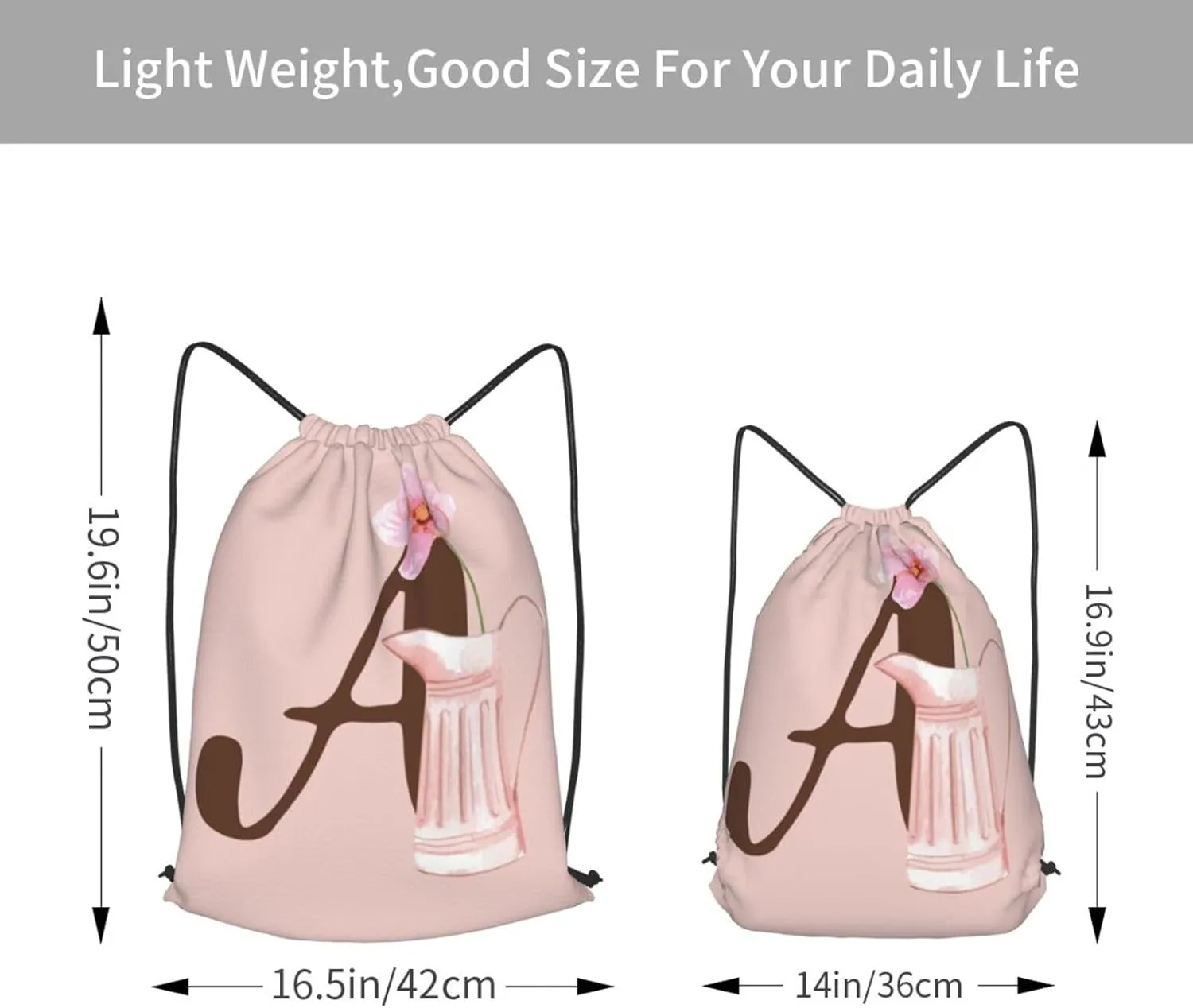 Pink Drawstring Bag for Women Girls Kids Teens Students Floral Initial Drawstring Backpack Sackpack Draw String Cinch Bags for Sports, Gym, Travel, Swimming, Beach, Camping, Letter A