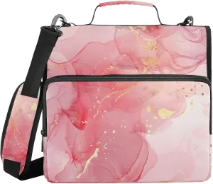 Pink Rose Gold Marble Watercolor Zipper Binder with Shoulder Strap Trapper Keeper 3 Ring Binder Organizer Large Capacity Multiple Compartments for School Office