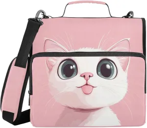 Pink White Cat Pink Zipper Binder with Shoulder Strap Trapper Keeper 3 Ring Binder Organizer Large Capacity Multiple Compartments for School Office