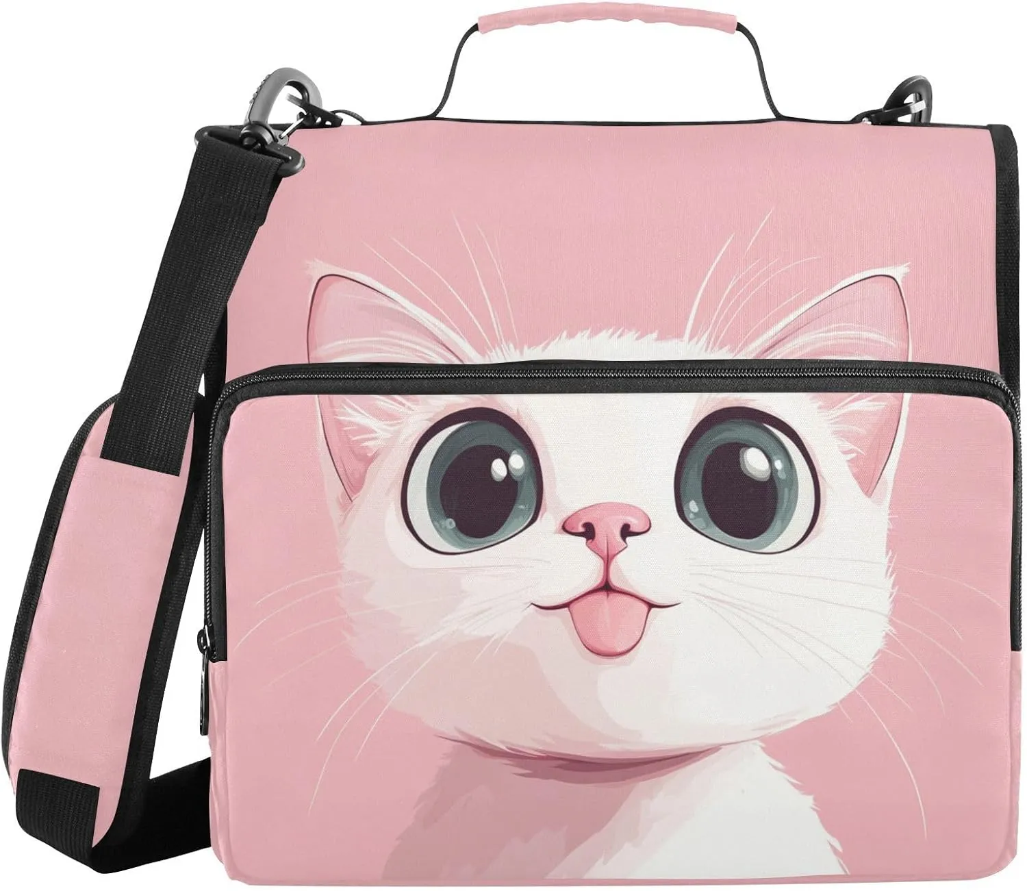 Pink White Cat Pink Zipper Binder with Shoulder Strap Trapper Keeper 3 Ring Binder Organizer Large Capacity Multiple Compartments for School Office