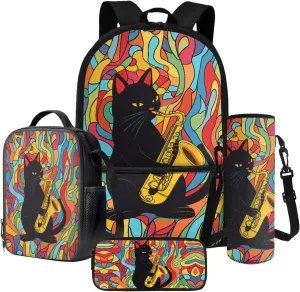 Poceacles 4 Pcs School Bags Set for Teen Boys Girls Fashionable Backpack Rucksack Pencil Pouch Case Lunchbag Water Bottle Carrier with Strap, Colourful Abstract Black Cat Saxophone Pattern