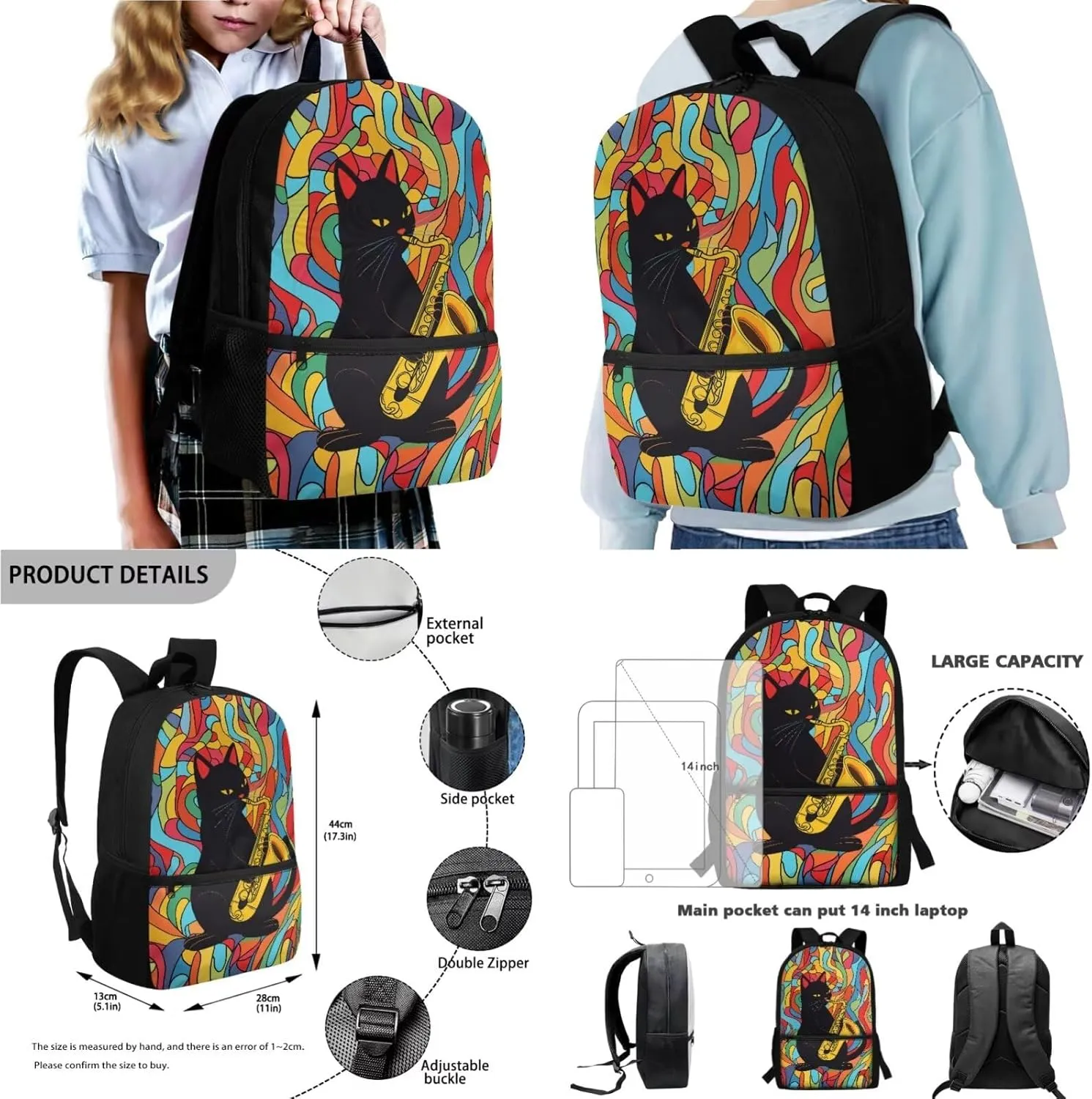 Poceacles 4 Pcs School Bags Set for Teen Boys Girls Fashionable Backpack Rucksack Pencil Pouch Case Lunchbag Water Bottle Carrier with Strap, Colourful Abstract Black Cat Saxophone Pattern