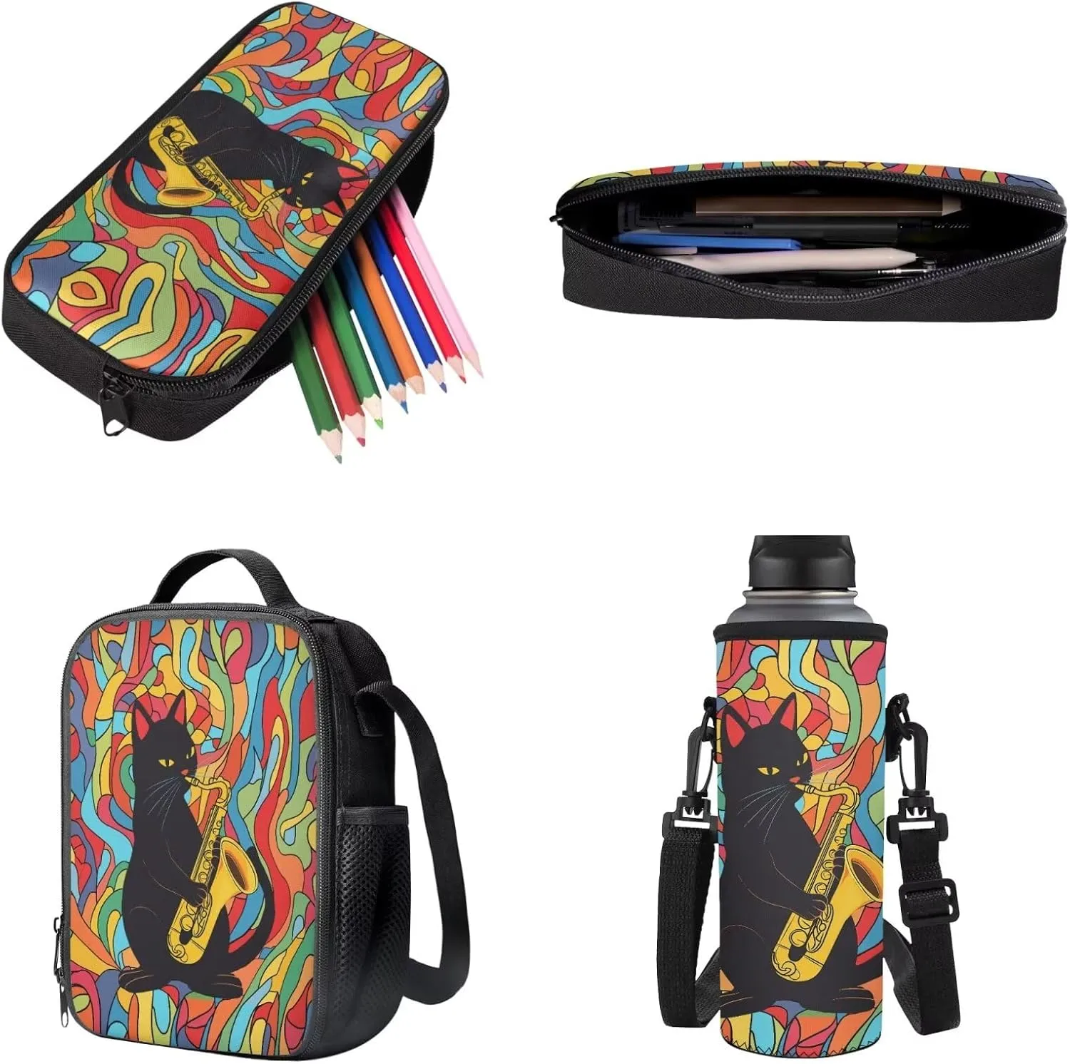 Poceacles 4 Pcs School Bags Set for Teen Boys Girls Fashionable Backpack Rucksack Pencil Pouch Case Lunchbag Water Bottle Carrier with Strap, Colourful Abstract Black Cat Saxophone Pattern
