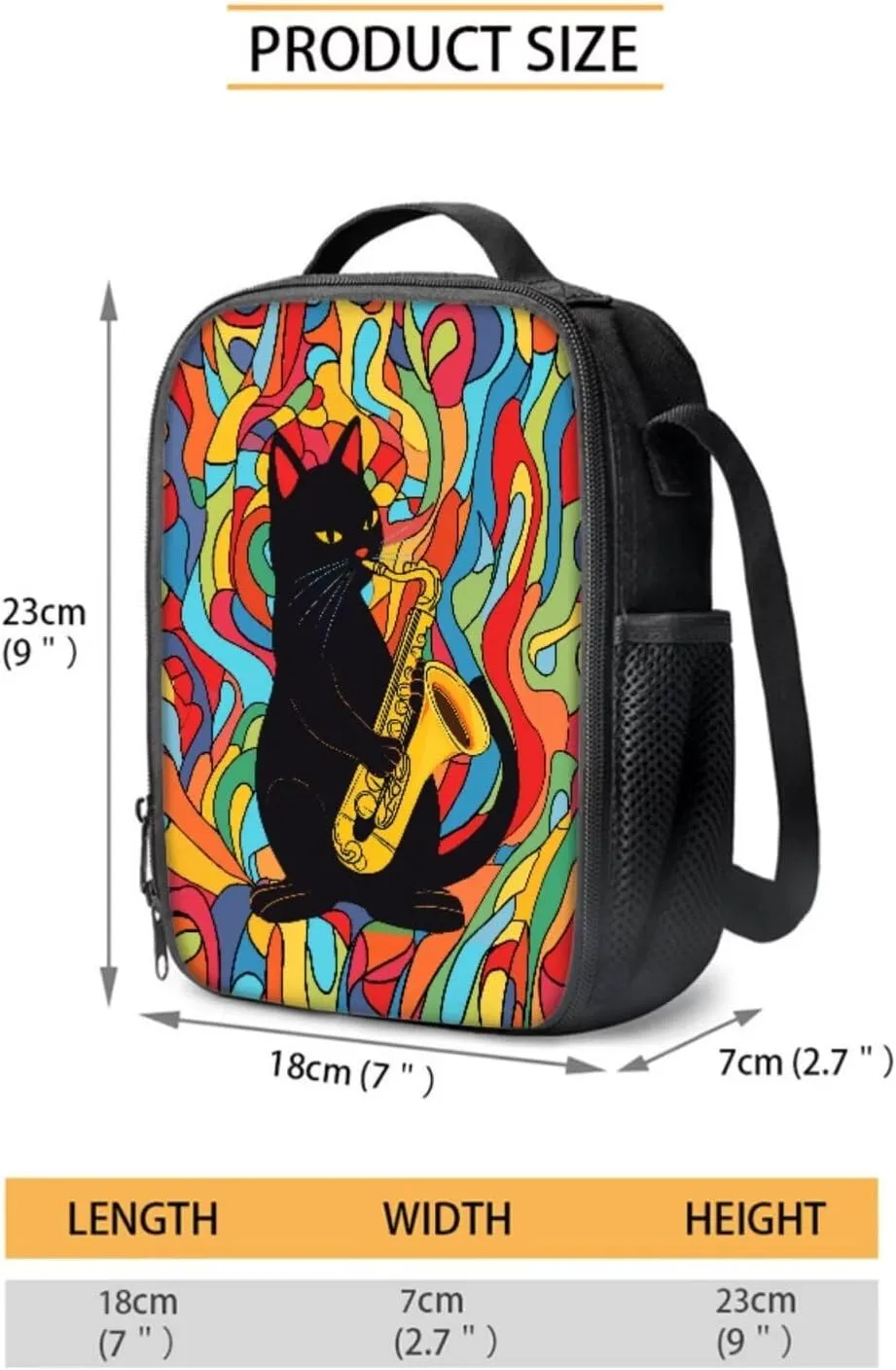 Poceacles 4 Pcs School Bags Set for Teen Boys Girls Fashionable Backpack Rucksack Pencil Pouch Case Lunchbag Water Bottle Carrier with Strap, Colourful Abstract Black Cat Saxophone Pattern