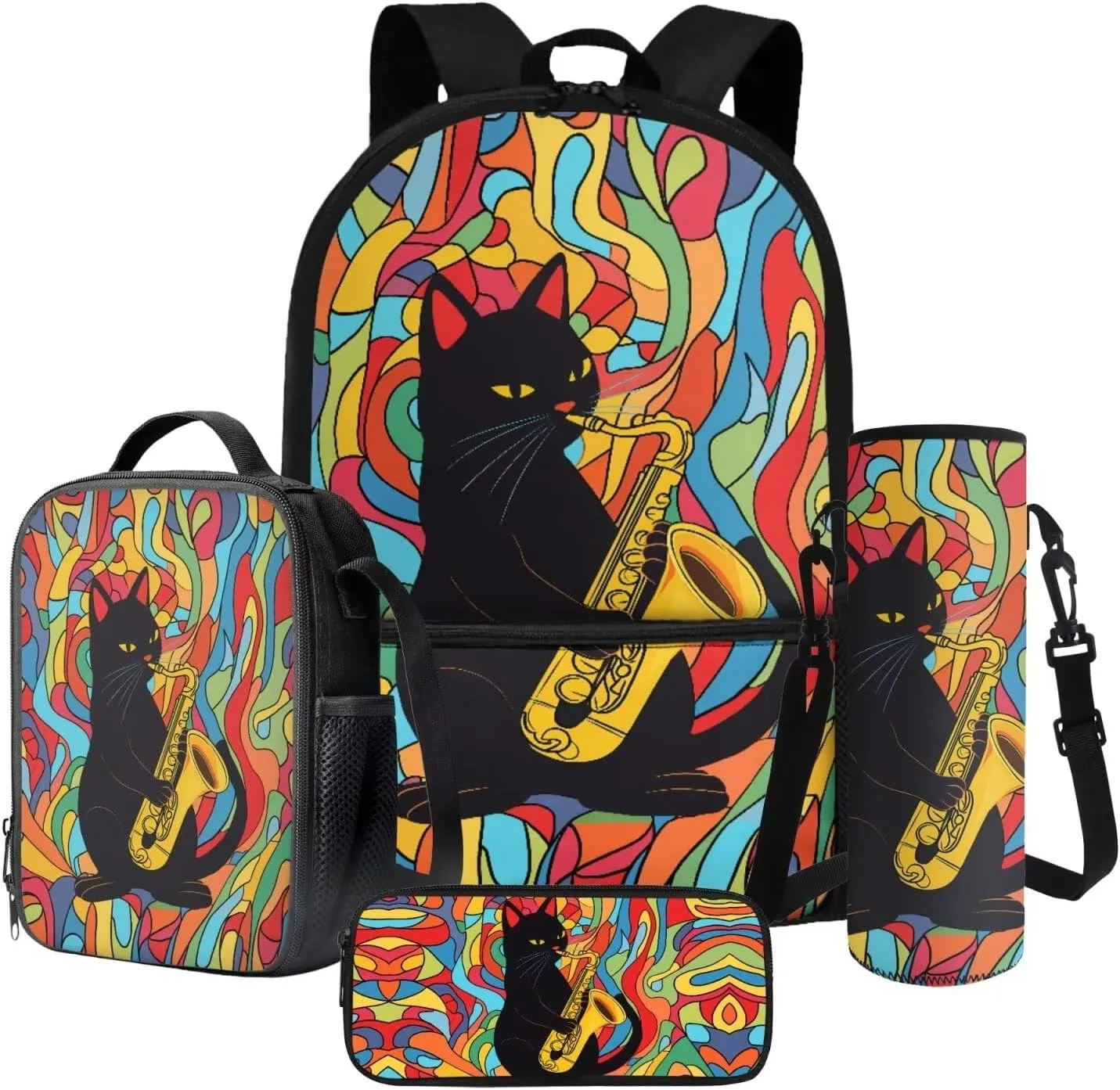 Poceacles 4 Pcs School Bags Set for Teen Boys Girls Fashionable Backpack Rucksack Pencil Pouch Case Lunchbag Water Bottle Carrier with Strap, Colourful Abstract Black Cat Saxophone Pattern