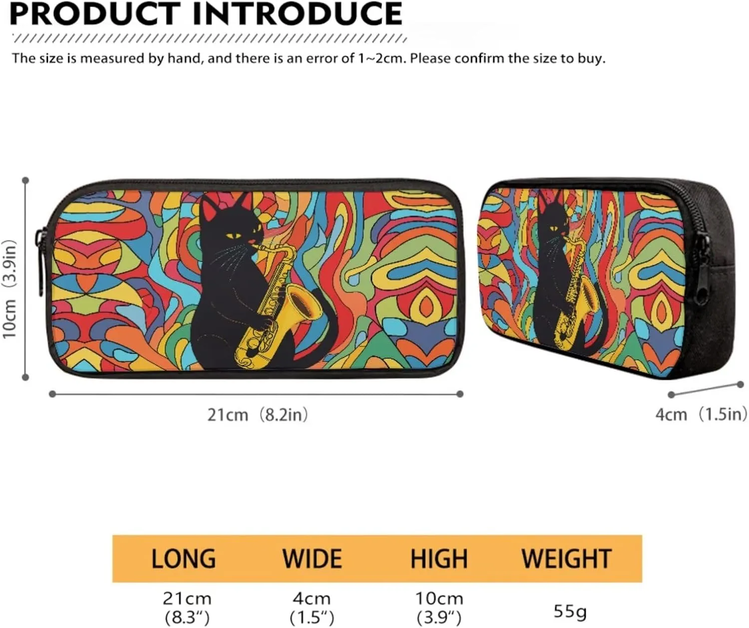 Poceacles 4 Pcs School Bags Set for Teen Boys Girls Fashionable Backpack Rucksack Pencil Pouch Case Lunchbag Water Bottle Carrier with Strap, Colourful Abstract Black Cat Saxophone Pattern