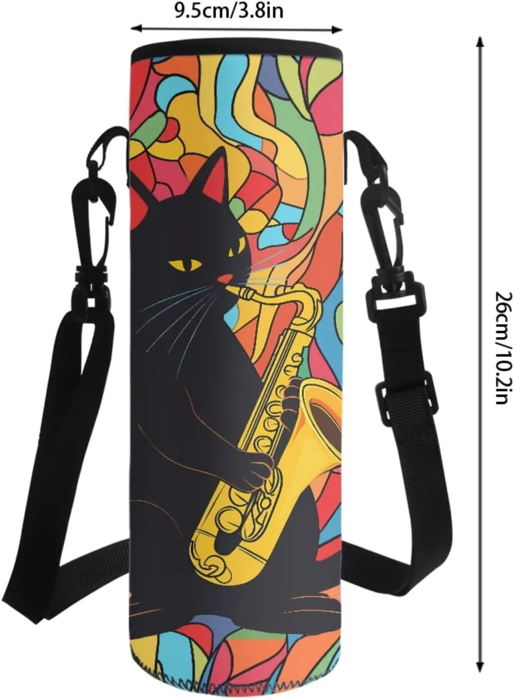 Poceacles 4 Pcs School Bags Set for Teen Boys Girls Fashionable Backpack Rucksack Pencil Pouch Case Lunchbag Water Bottle Carrier with Strap, Colourful Abstract Black Cat Saxophone Pattern