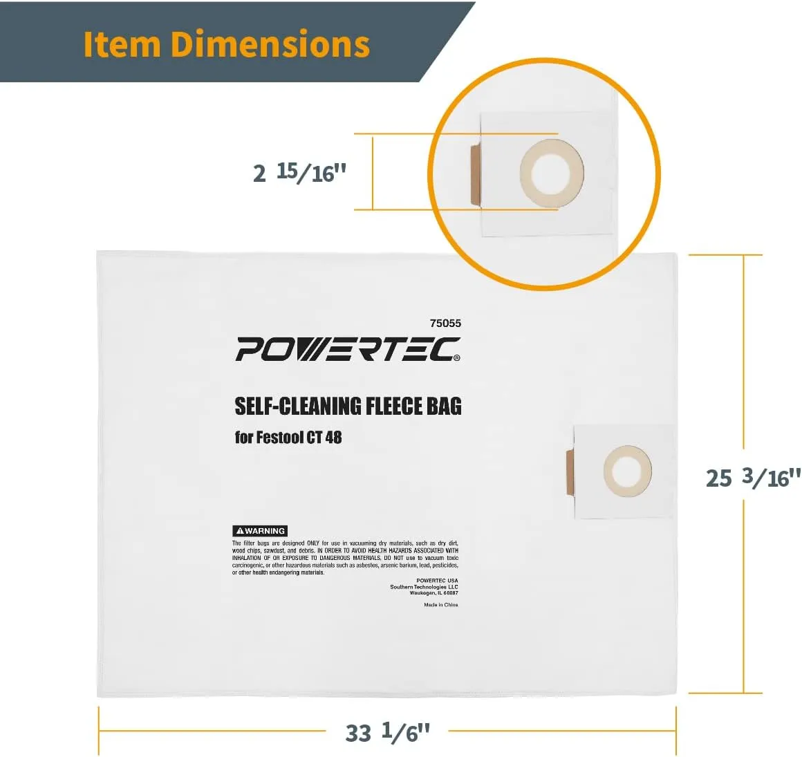 POWERTEC 75055 Fleece Filter Bags for Festool 497539 Fits CT 48, 5PK