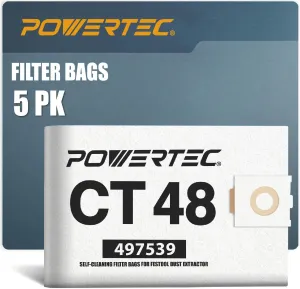 POWERTEC 75055 Fleece Filter Bags for Festool 497539 Fits CT 48, 5PK