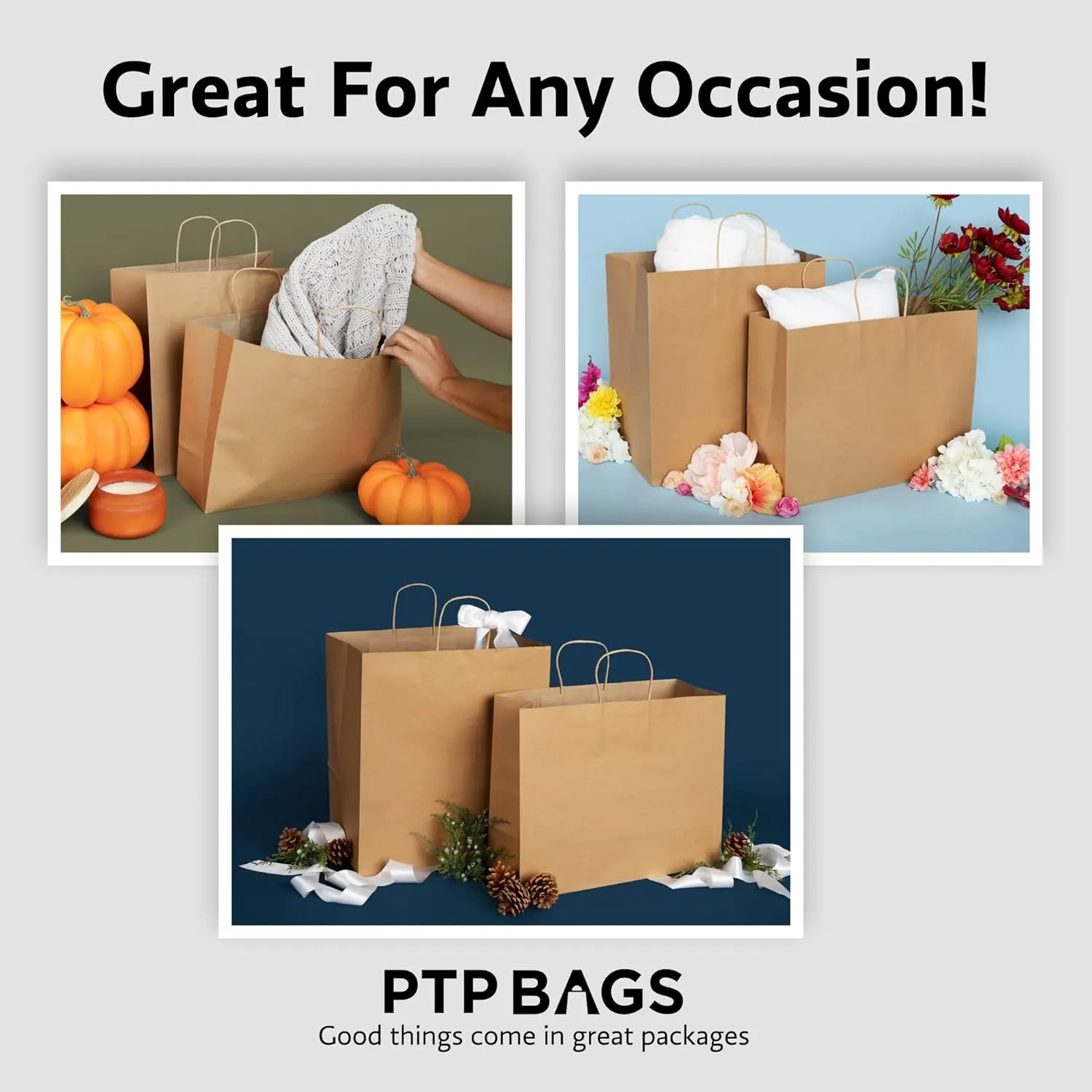 PTP BAGS Natural 16" x 6" x 19.25" Tote Bags, Brown Paper Bags with Handles [Pack of 200] Recyclable Kraft Paper Gift, Food Service Bags