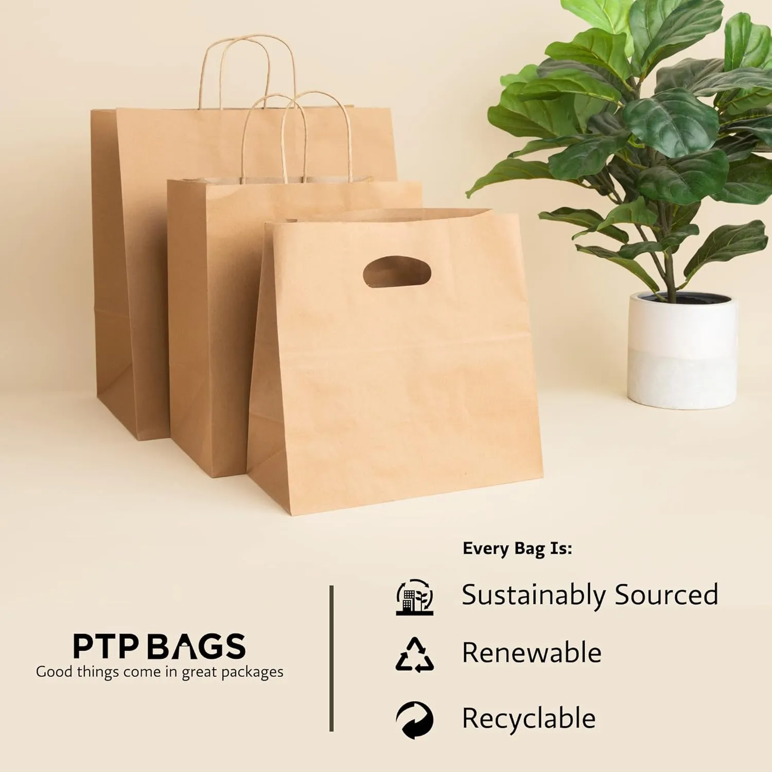 PTP BAGS Natural 16" x 6" x 19.25" Tote Bags, Brown Paper Bags with Handles [Pack of 200] Recyclable Kraft Paper Gift, Food Service Bags