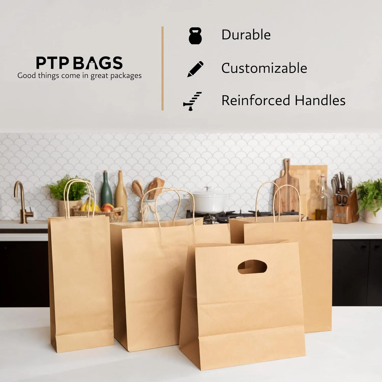 PTP BAGS Natural 16" x 6" x 19.25" Tote Bags, Brown Paper Bags with Handles [Pack of 200] Recyclable Kraft Paper Gift, Food Service Bags