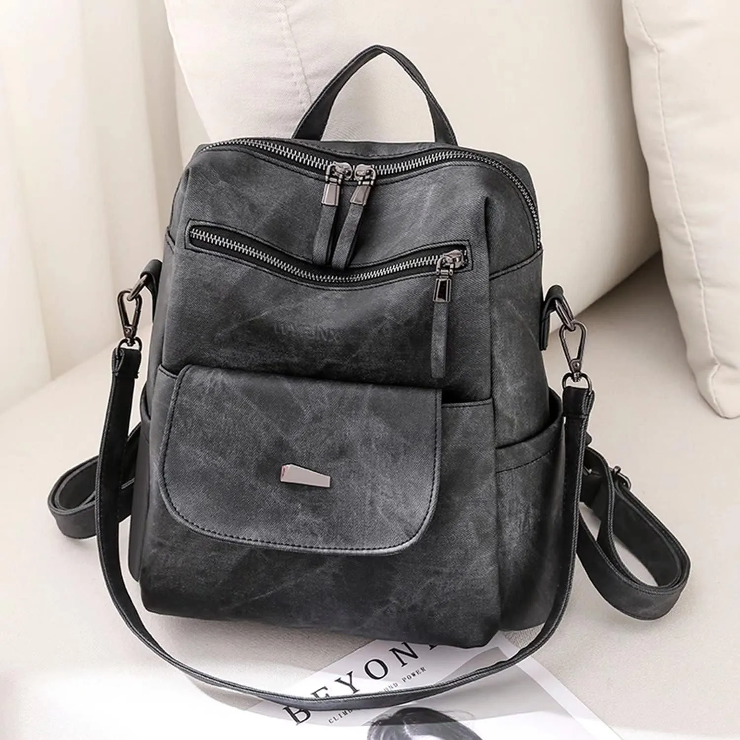 PU Leather Backpack Purse for Women Fashion Multipurpose Design Handbag Ladies Shoulder Bags Travel Backpack Black