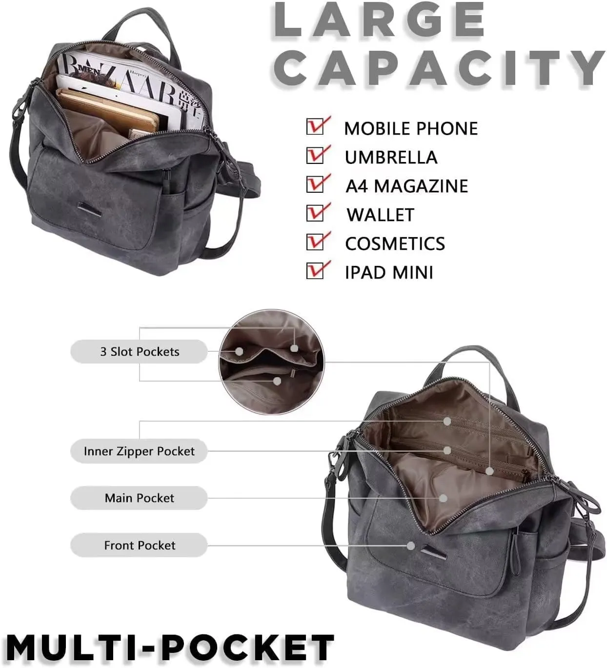 PU Leather Backpack Purse for Women Fashion Multipurpose Design Handbag Ladies Shoulder Bags Travel Backpack Black