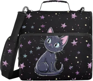 Purple Cartoon Cats Stars Black Zipper Binder with Shoulder Strap Trapper Keeper 3 Ring Binder Organizer Large Capacity Multiple Compartments for School Office