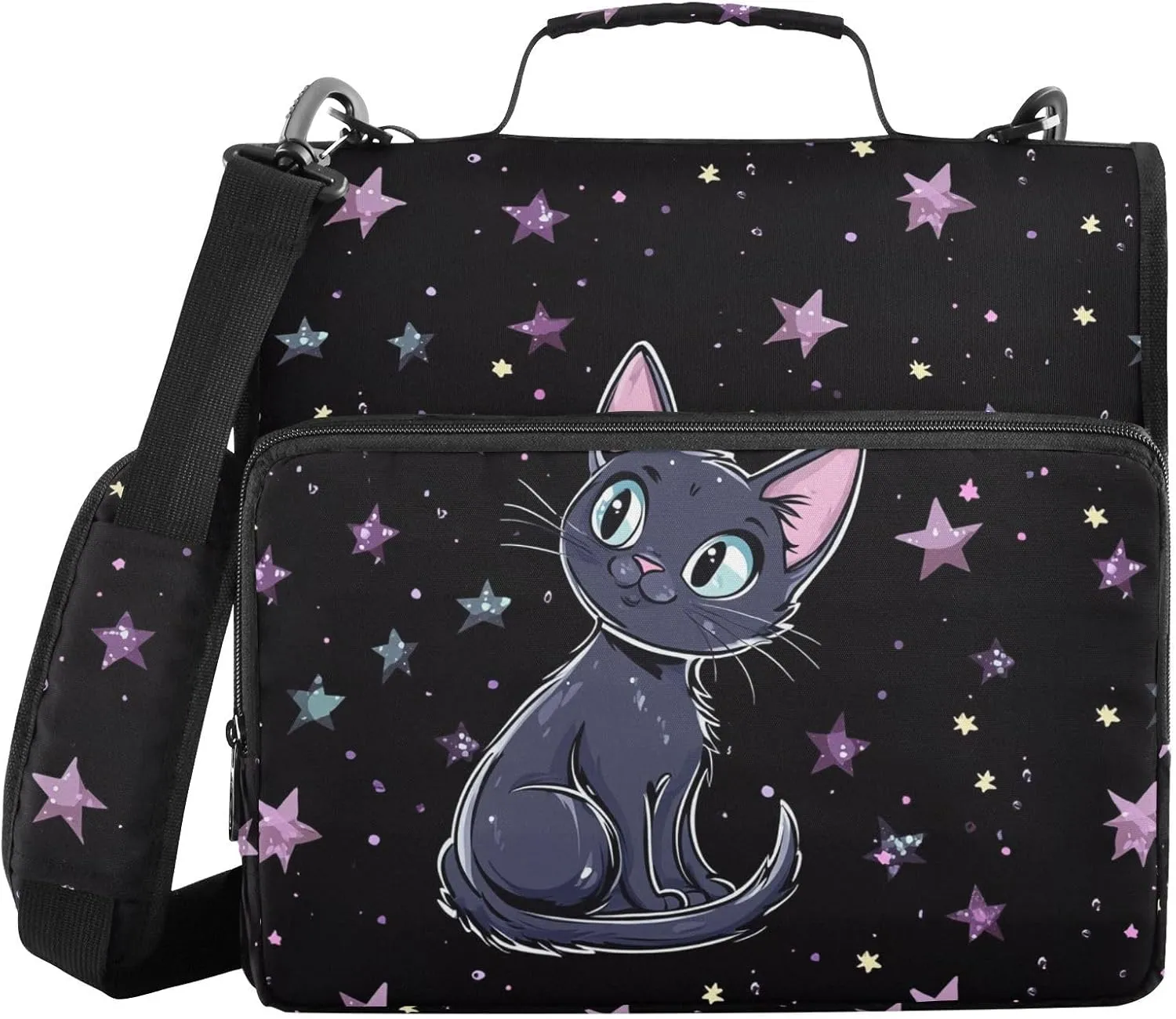 Purple Cartoon Cats Stars Black Zipper Binder with Shoulder Strap Trapper Keeper 3 Ring Binder Organizer Large Capacity Multiple Compartments for School Office