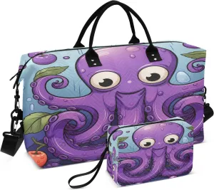 Purple Pattern Octopus Travel Duffel Bags Gym Bag Weekender Handbag with Toiletry Bag for Women Girls Men