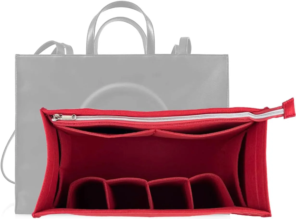 Purse Organizer Compatible with Telfar Bag Large, Tote Bags Organizer Insert with Silver Zipper Pouch, 3MM Premium Felt Insert for Handbag, Sturdy and Durable (For Telfar Large Shopping Bag, Red)