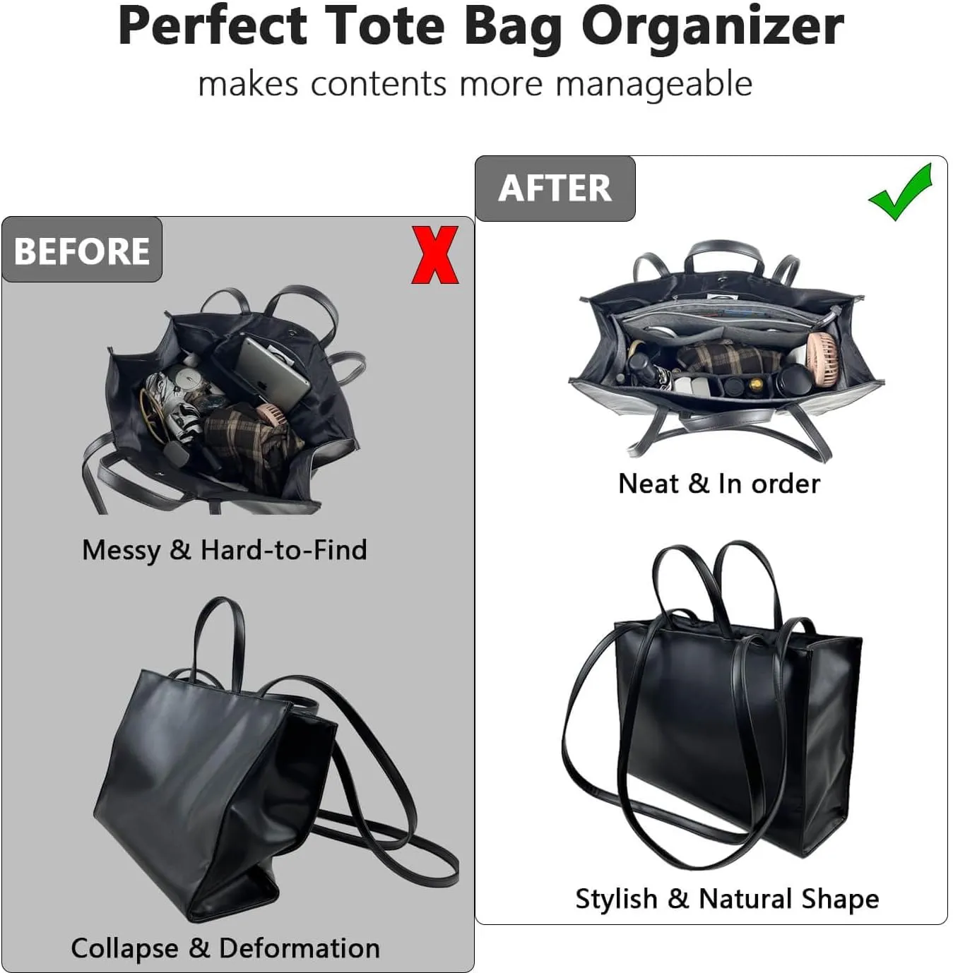 Purse Organizer Compatible with Telfar Bag Large, Tote Bags Organizer Insert with Silver Zipper Pouch, 3MM Premium Felt Insert for Handbag, Sturdy and Durable (For Telfar Large Shopping Bag, Red)