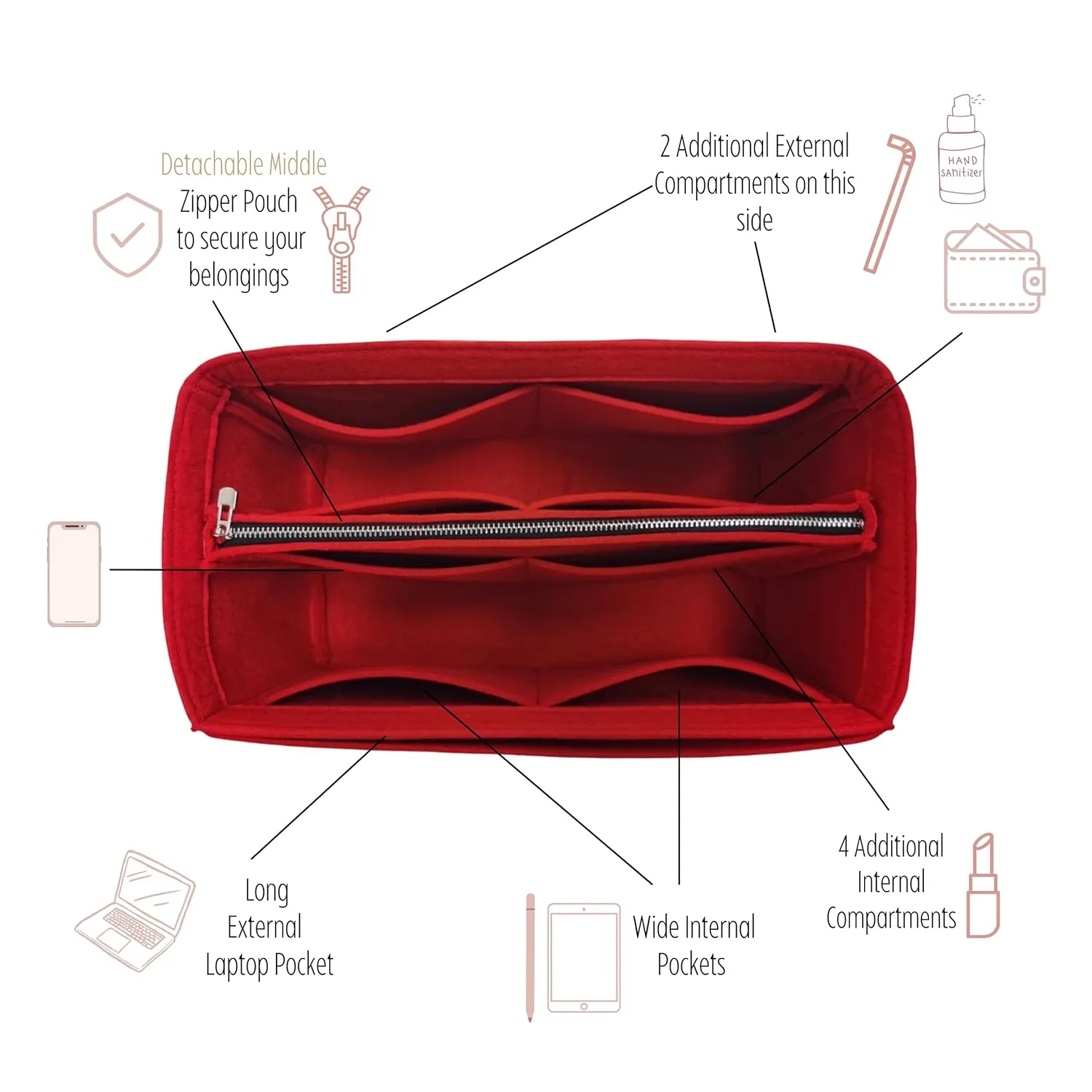 Purse Organizer fits lv Delightful MM Organizer, Delightful PM Organizer, Delightful GM Purse Organizer, Handmade 2mm Premium Felt Snug Sturdy Gold Zipper (For Delightful GM, Red)